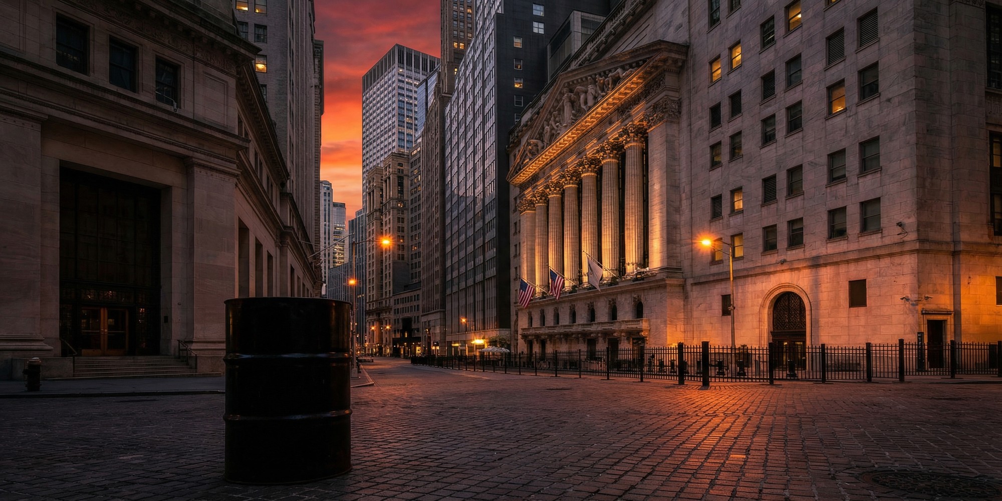Wall Street financial district at dusk with dramatic sky, NYSE building exterior with classical columns