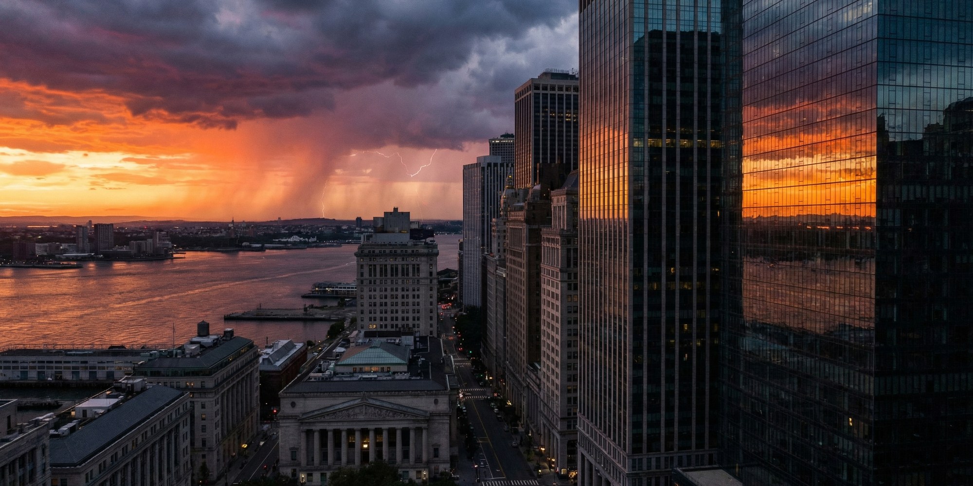 Lower Manhattan financial district skyline at dusk with dramatic storm clouds, Wall Street at dusk