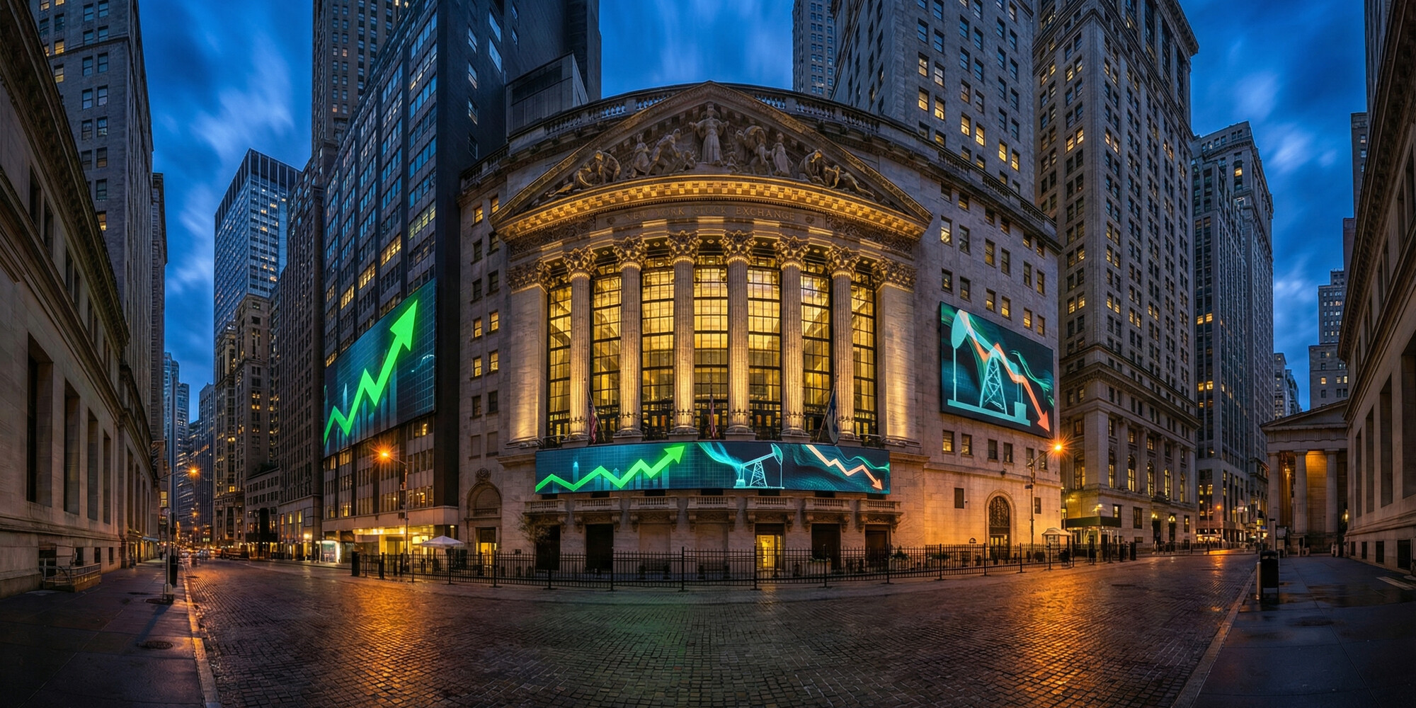 New York Stock Exchange trading floor screens with green market gains and oil price tickers dropping, no people visible