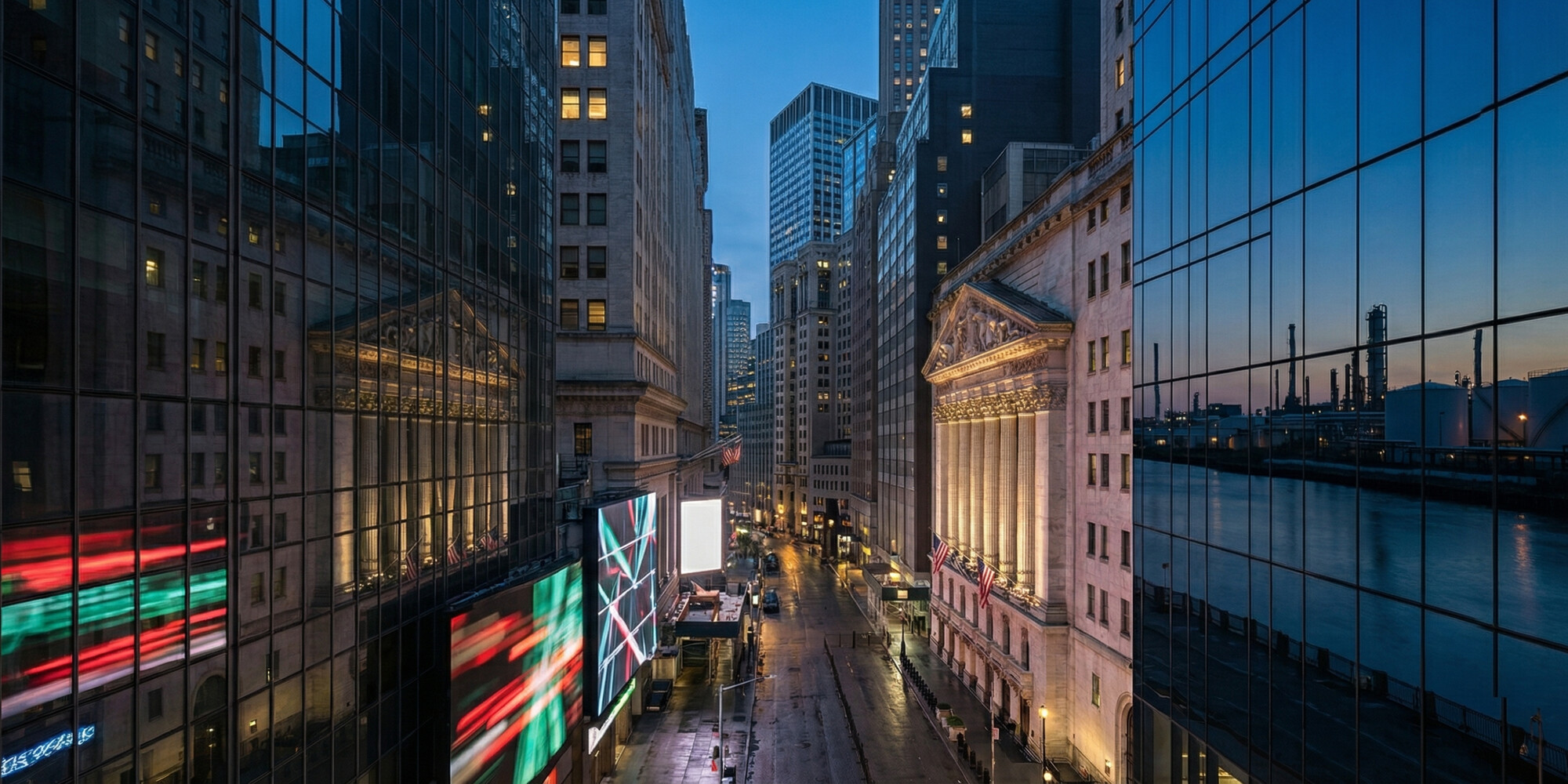 Wall Street financial district at dusk with electronic market boards and commodity price screens, no people visible