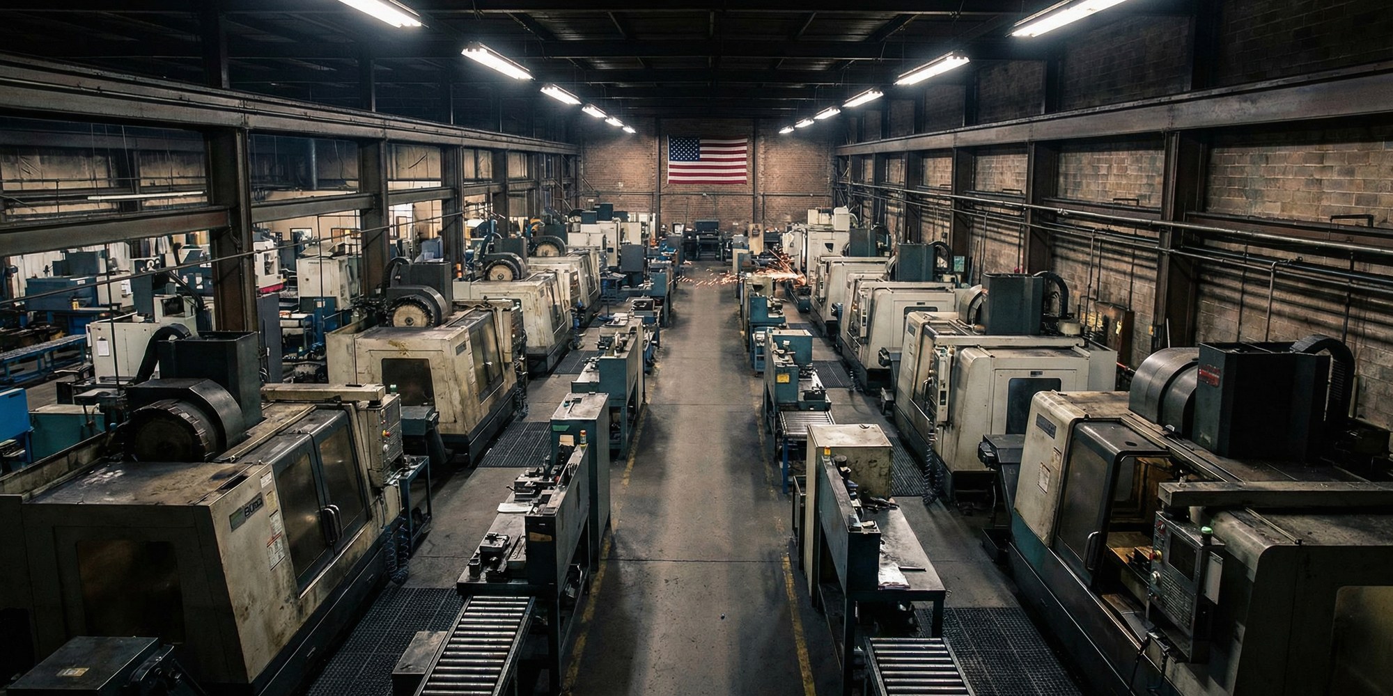 Heavy industrial American manufacturing facility with large CNC machines and precision equipment on a factory floor, dramatic overhead lighting, American flag visible in background