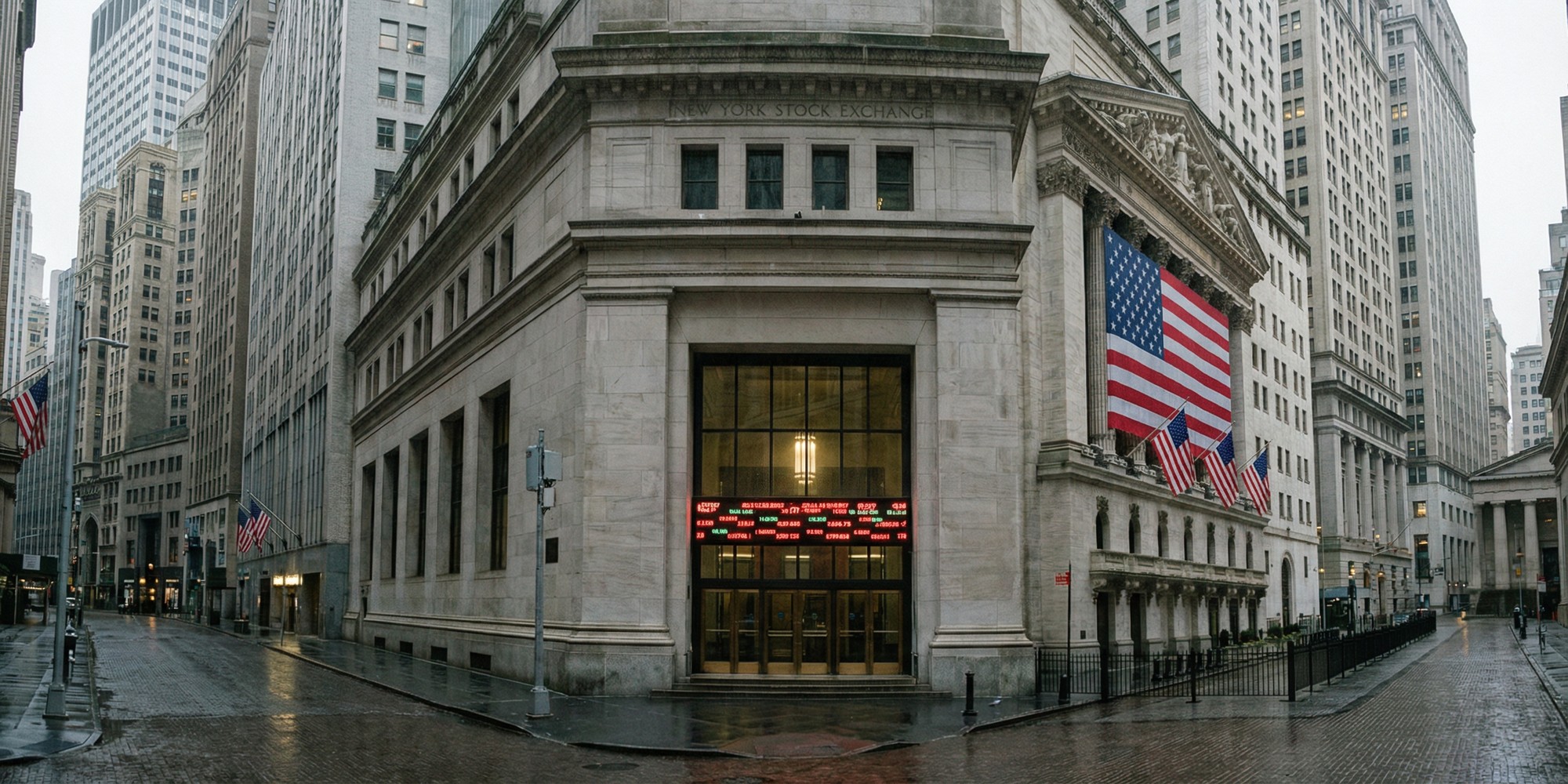 New York Stock Exchange exterior on Wall Street, early morning overcast light, red illuminated ticker board visible through glass windows, financial district architecture