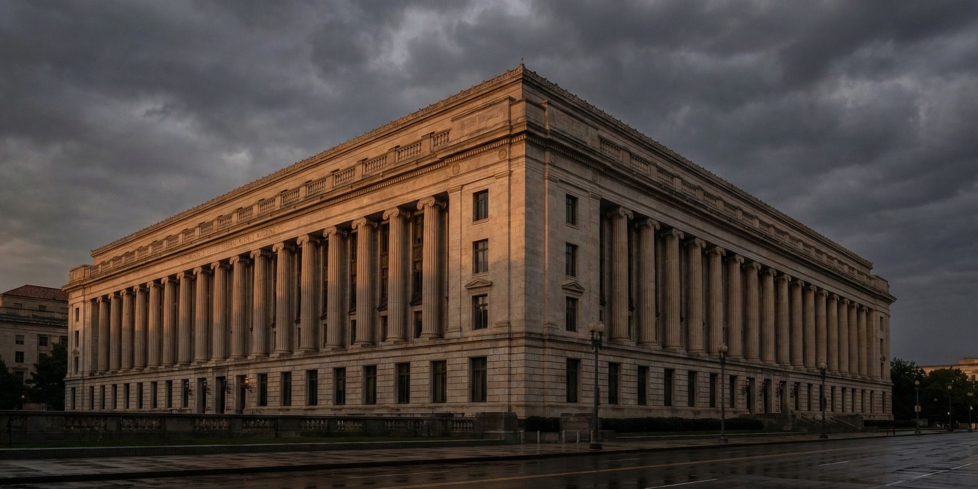 The Marriner S. Eccles Federal Reserve Building in Washington D.C. under a dramatic overcast sky