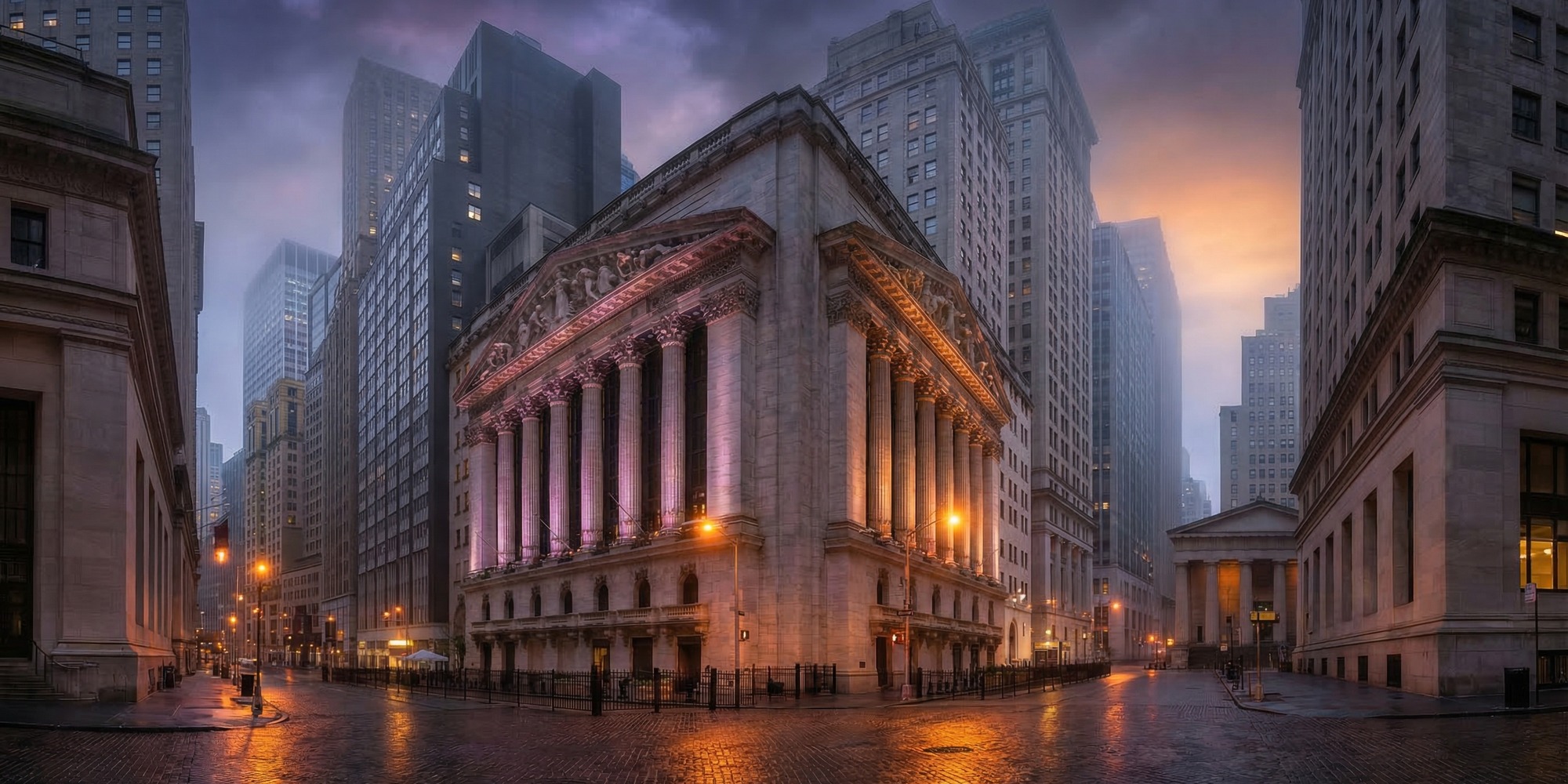 New York Stock Exchange building exterior on Wall Street at dusk, amber streetlights illuminating lower Manhattan financial district, dramatic twilight sky
