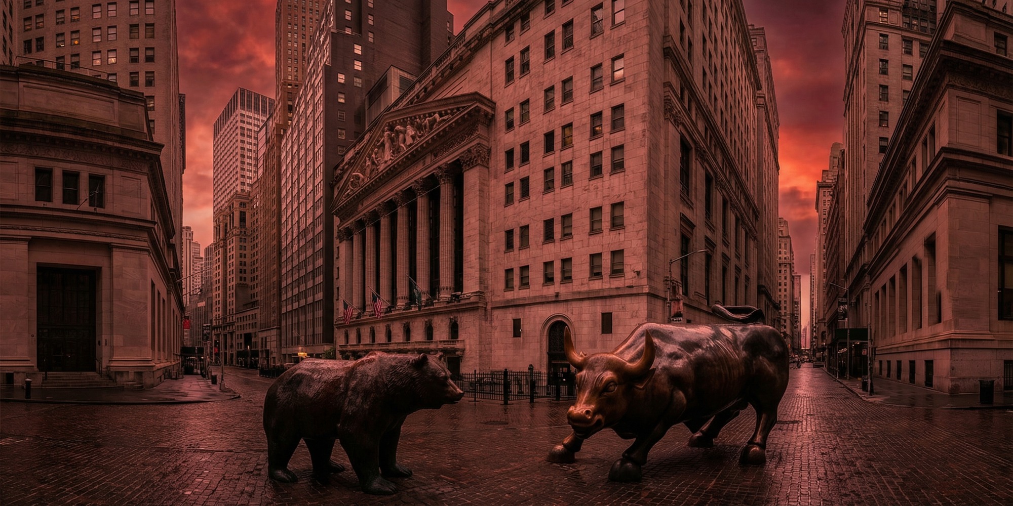 New York Stock Exchange building on Wall Street at dawn with financial district skyline