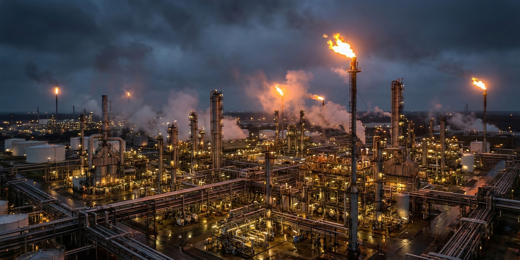 Oil refinery at night, petroleum processing facility with illuminated flare stacks and industrial pipe infrastructure