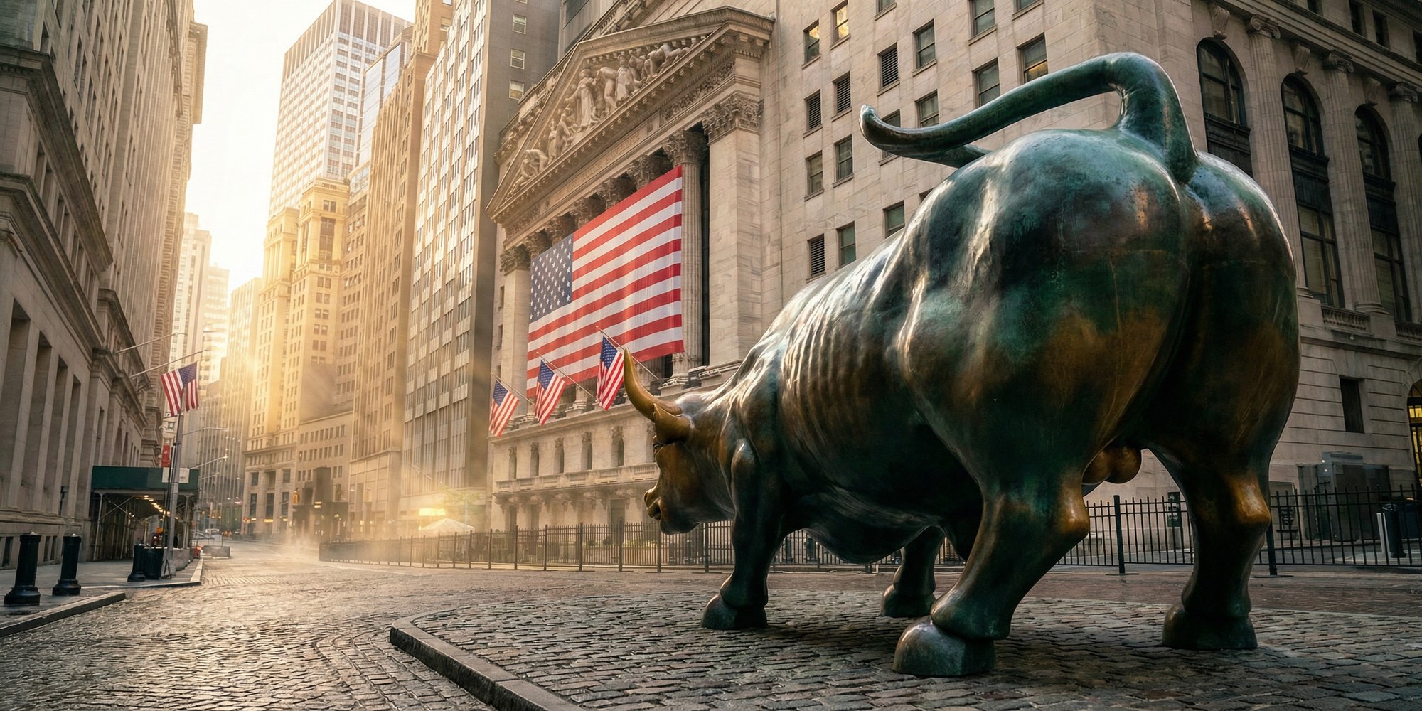 Charging bull statue in lower Manhattan financial district with New York Stock Exchange in background, morning golden light through skyscrapers