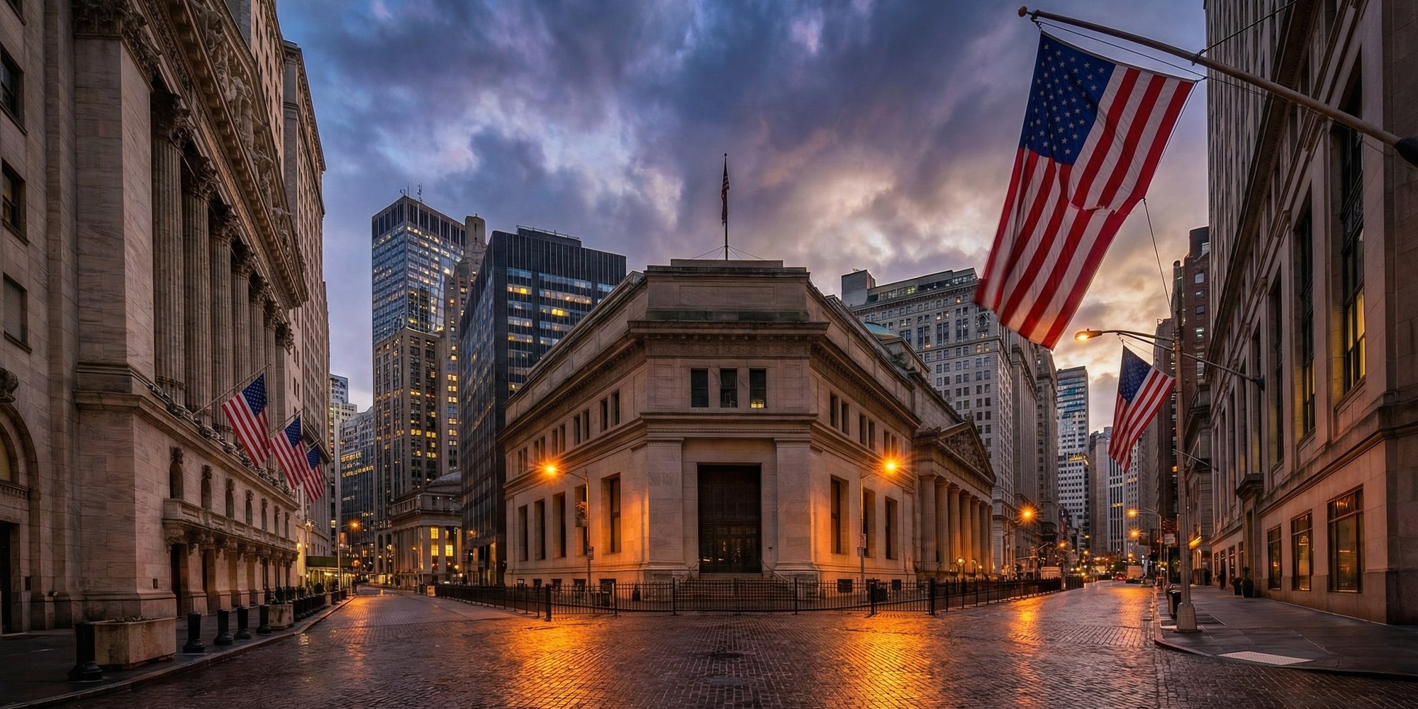 Wall Street financial district at dusk, New York Stock Exchange neoclassical facade with American flags, dramatic overcast sky and amber street lighting in Lower Manhattan