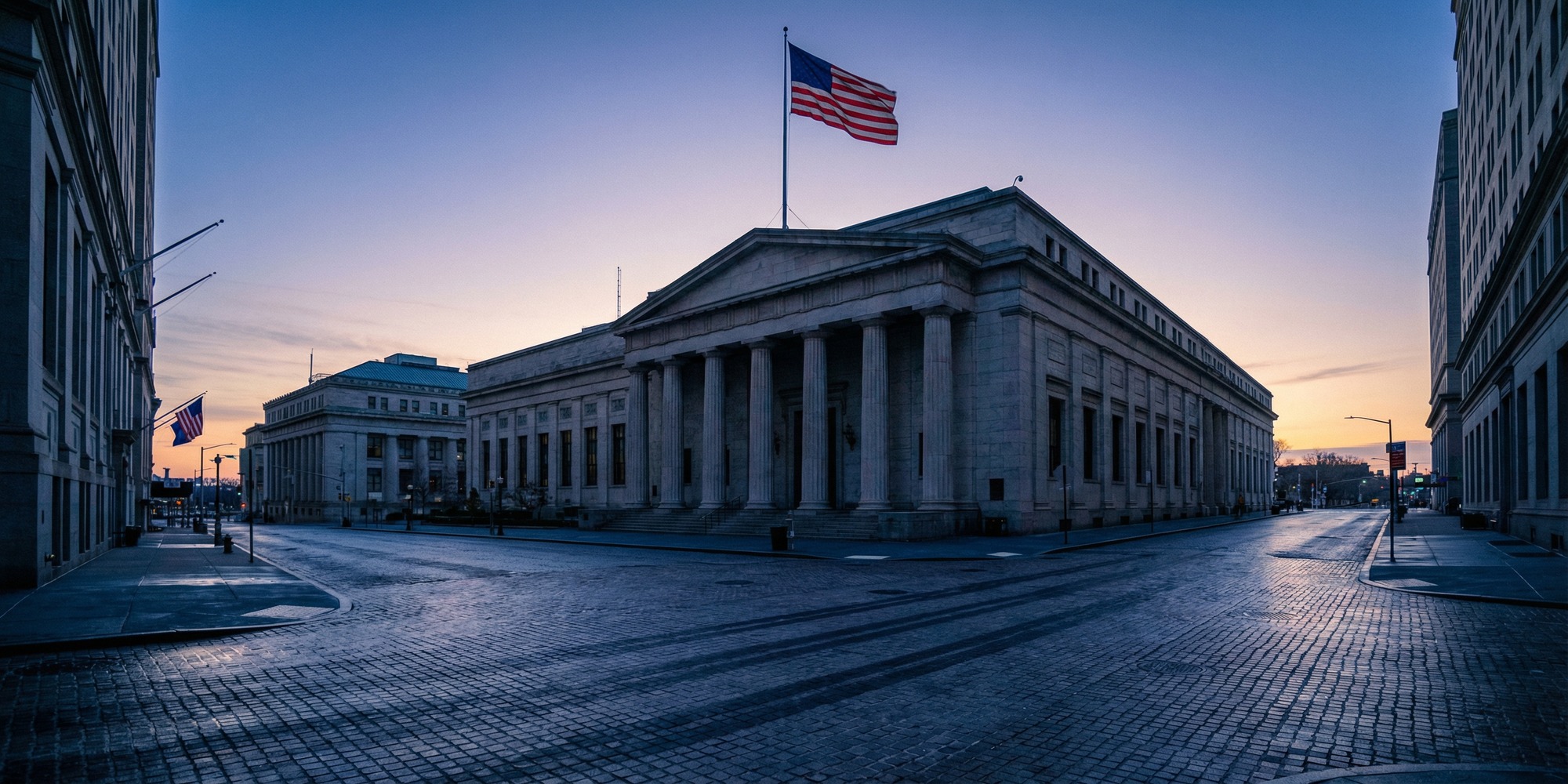 New York Stock Exchange neoclassical facade on Wall Street at dawn, empty street, cool blue morning light, American flag on building exterior