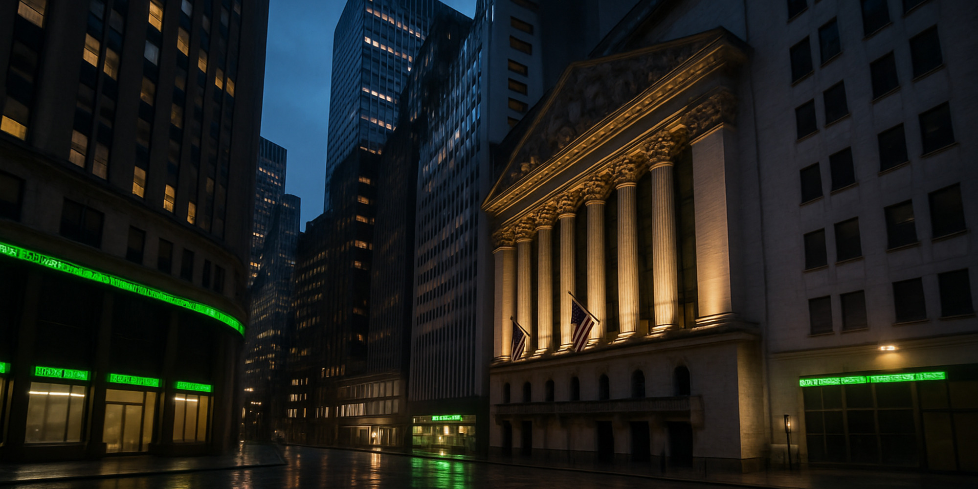 Lower Manhattan skyline and stock ticker boards at dusk with green market indicators