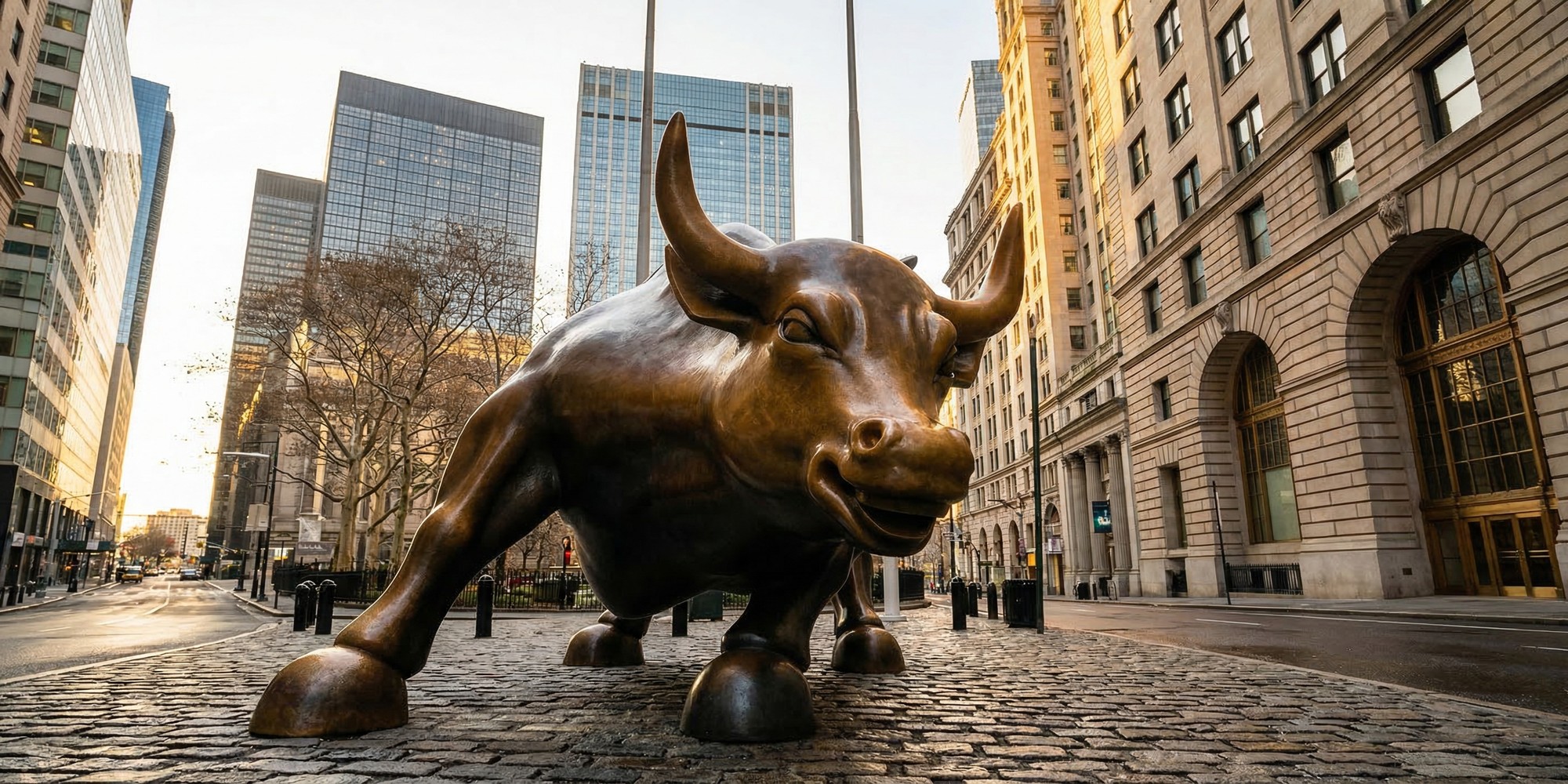 The Charging Bull bronze statue on Broadway in Lower Manhattan financial district, dramatic low angle looking up at glass skyscrapers in golden hour light