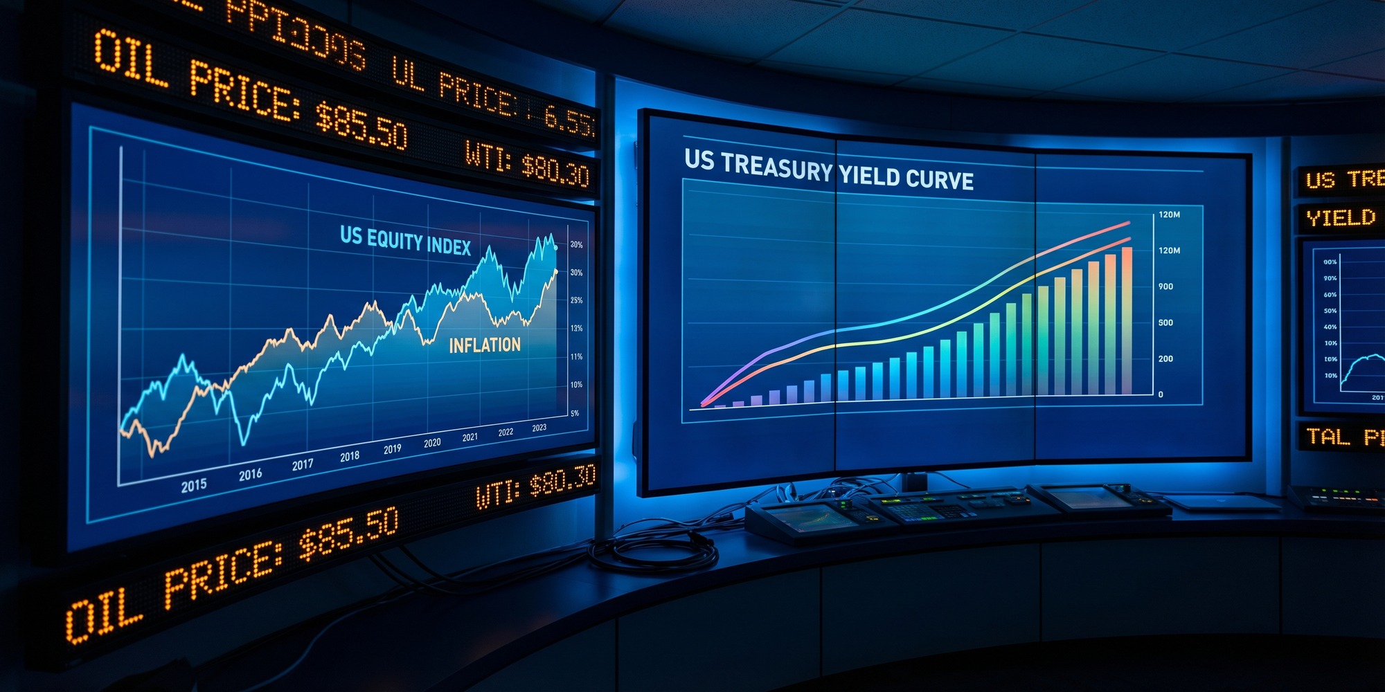 Financial terminal screens showing U.S. equity, oil, and Treasury curve indicators in a dark newsroom setting