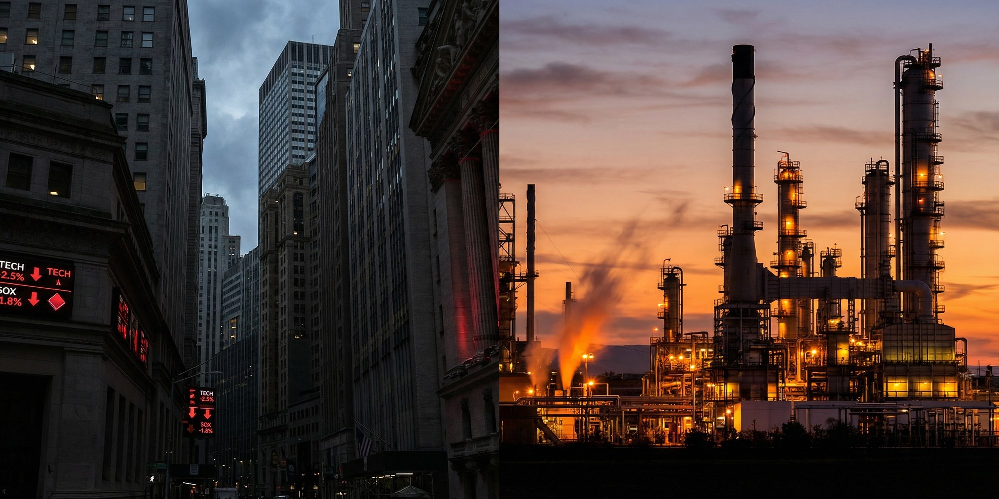 Split scene of a dark financial district with declining stock screens on the left and illuminated oil refinery towers at dusk on the right