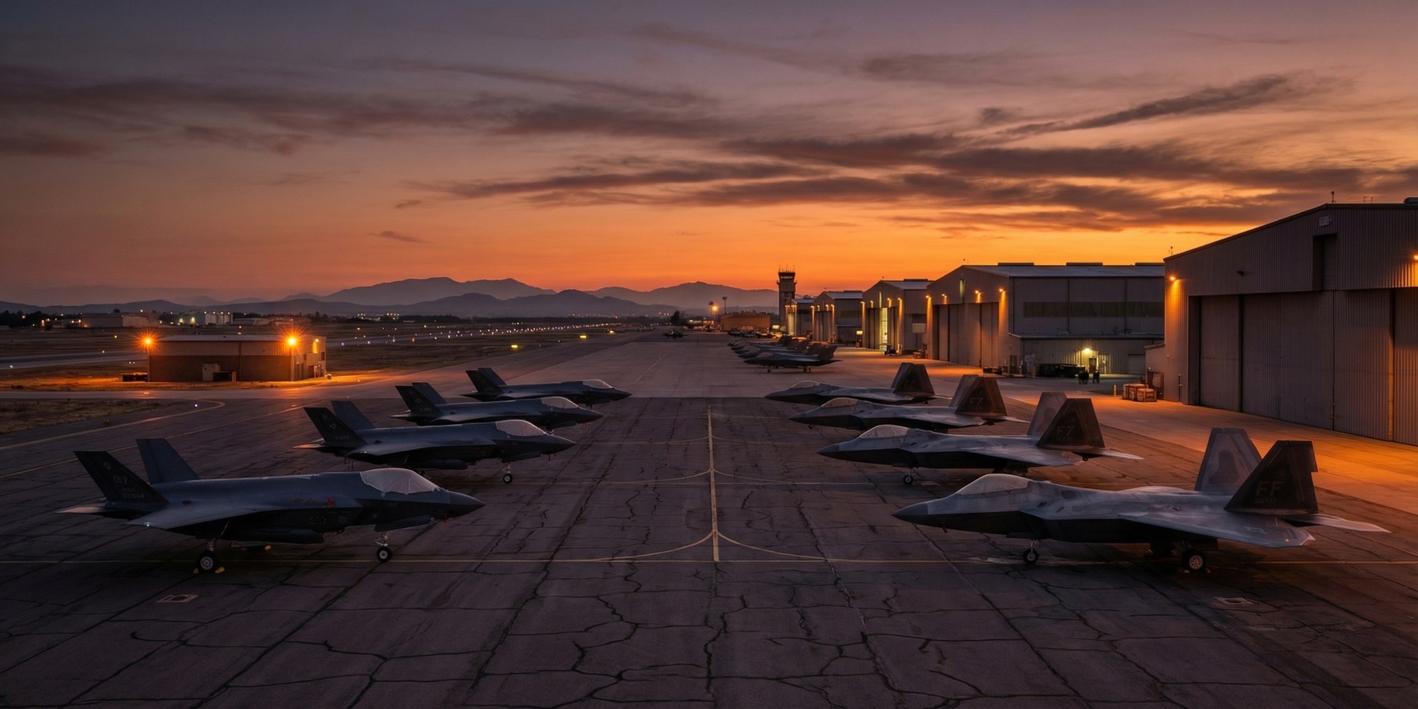 Defense industry facility with fighter jets on tarmac at dusk, industrial aerospace infrastructure