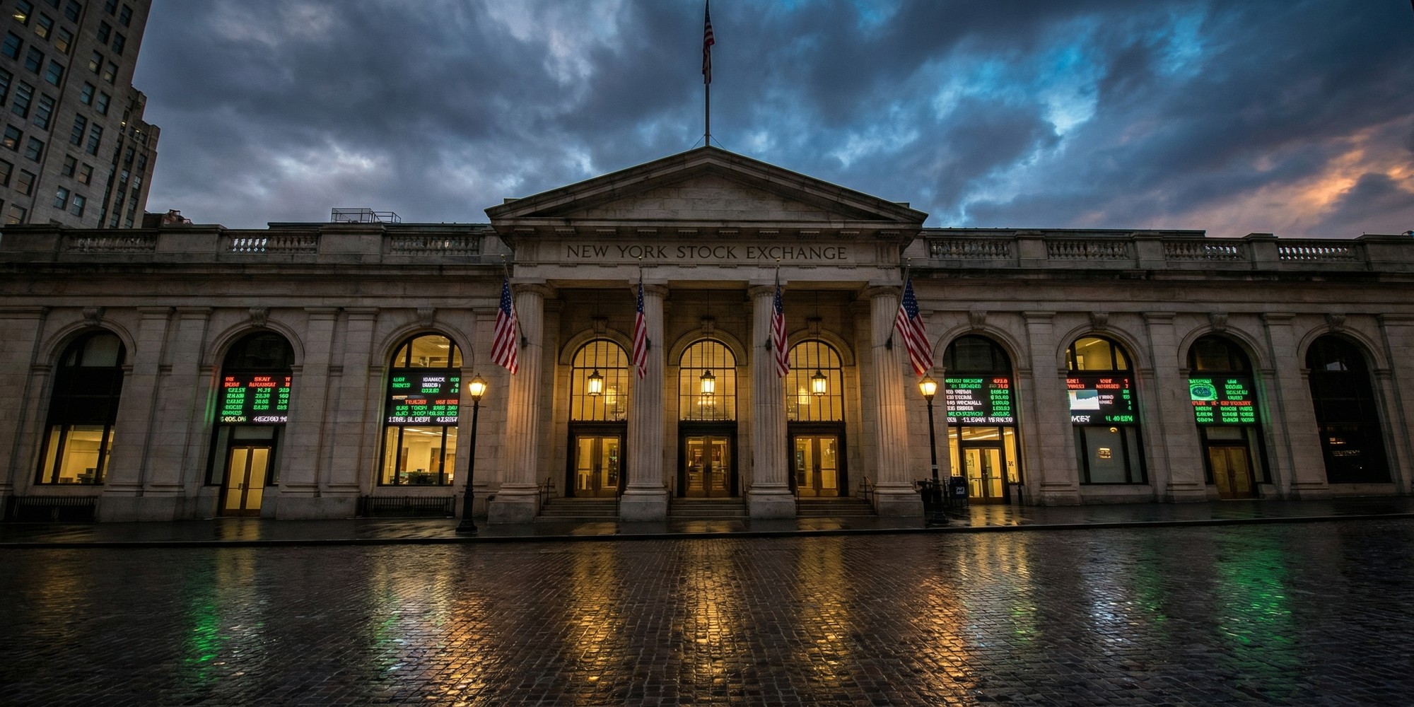 New York Stock Exchange building on Wall Street at dusk, digital ticker screens glowing through glass, overcast dramatic sky over Lower Manhattan financial district