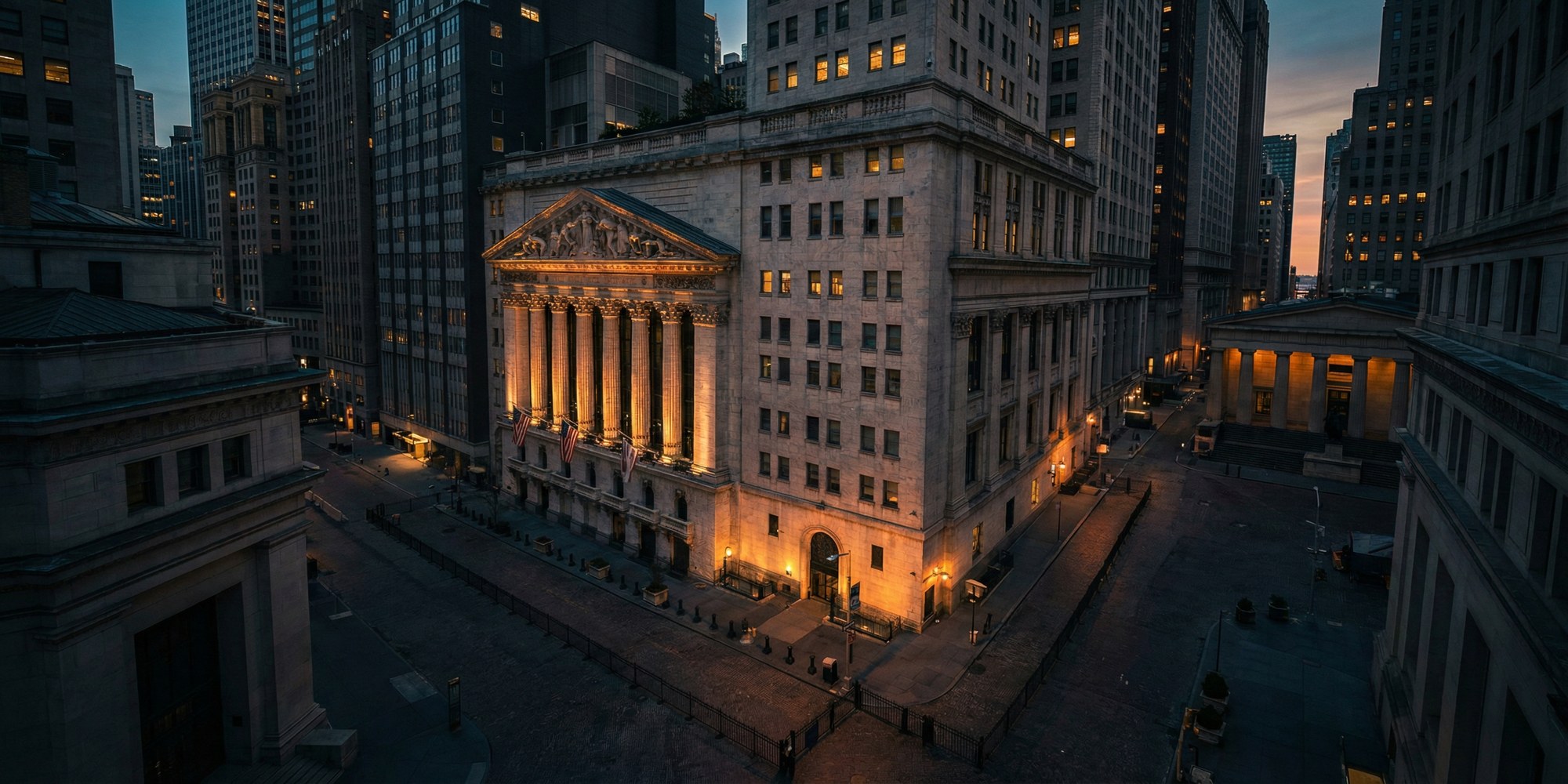 Aerial view of New York Stock Exchange building facade on Wall Street at dusk, dramatic golden light on neoclassical stone facade, Lower Manhattan financial district skyline in background