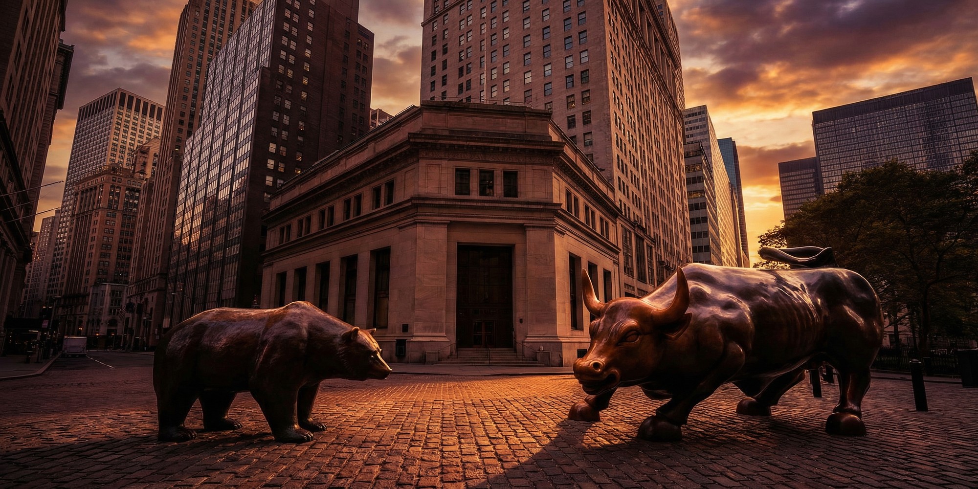 Wall Street bull and bear statues in the New York financial district at dramatic golden hour sunset with towering skyscrapers
