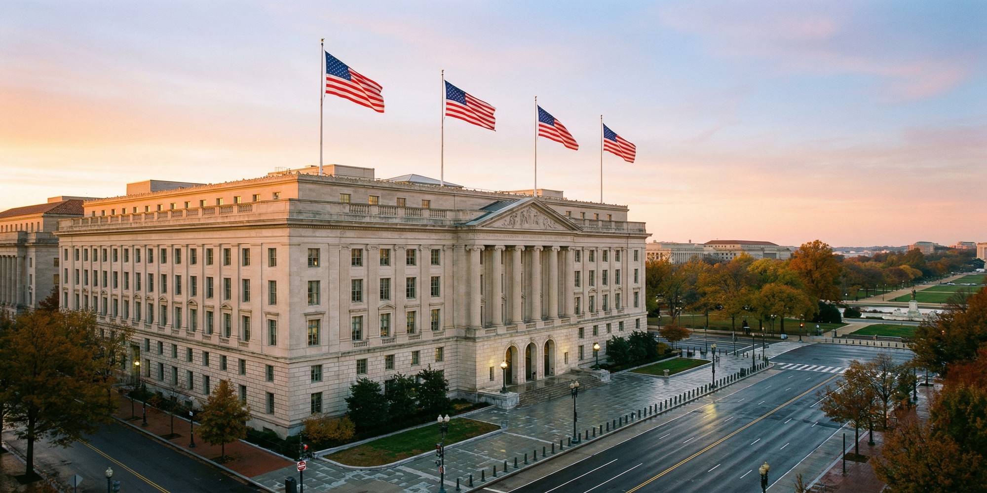 The Marriner S. Eccles Federal Reserve Building in Washington D.C. at dawn, neoclassical facade with American flags